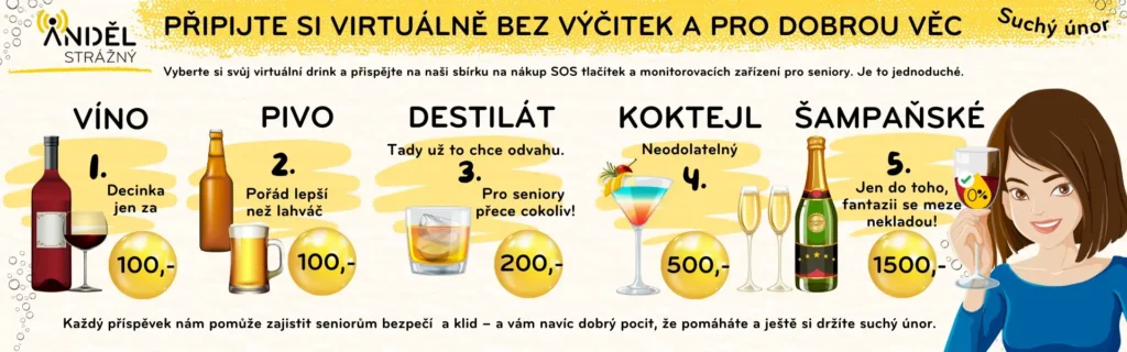 Infografika kampaně "Suchý únor" s možností virtuálních příspěvků za víno, pivo, destilát, koktejl a šampaňské na podporu seniorů